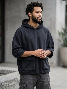 PAN New's Wear Cargo Pocket Hoodie Drop Shoulder Black OS